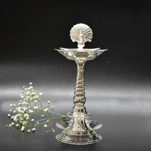 Peacock Silver temple Diya Oil Lamp Samai